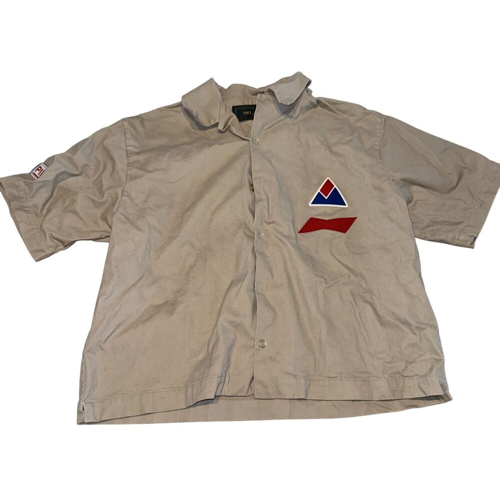 PIET Neutrals Tan Cotton Blend Button Front Bowling Shirt Men's Medium M